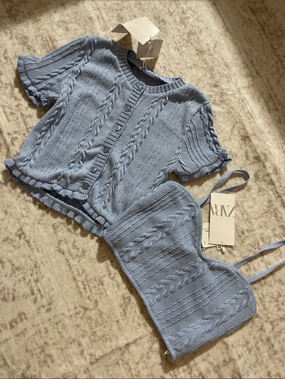 Zara Powder Blue Cable-Knit Short Sleeve Cardigan & Cami Set